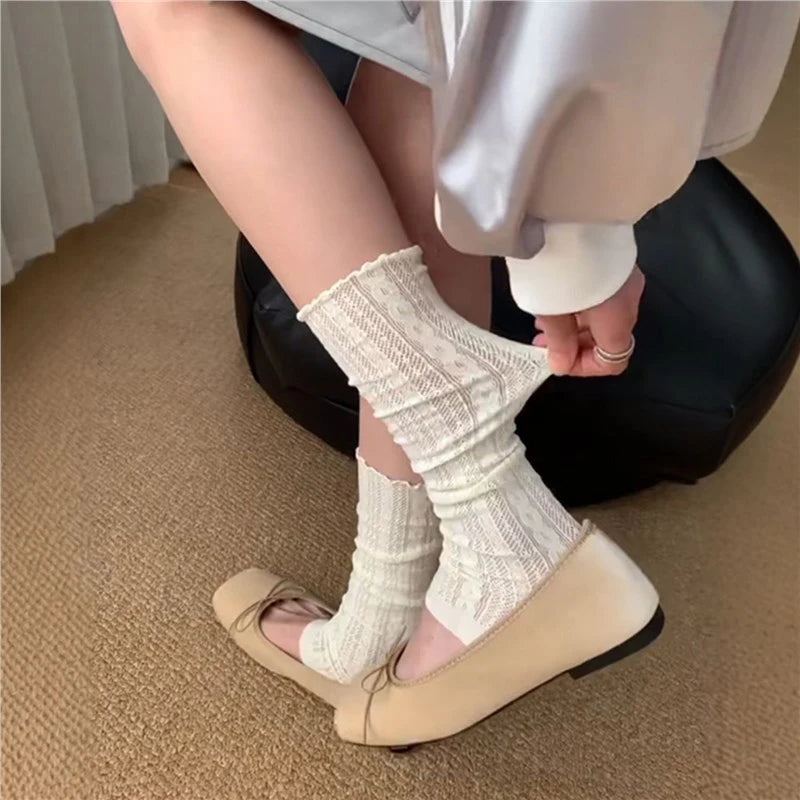 Sheer Ribbed Leg Warmers with Ruffled Cuffs and Stirrup Openings
