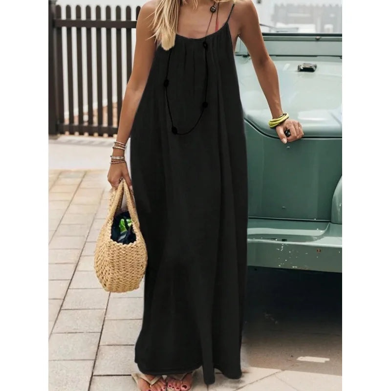 Women's Loose V Neck Spaghetti Strap Maxi Dress For Casual Outfits