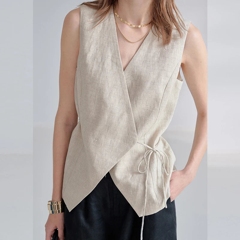 Women's Linen Sleeveless V-Neck Vest Top with Waist Tie for Summer Outfits