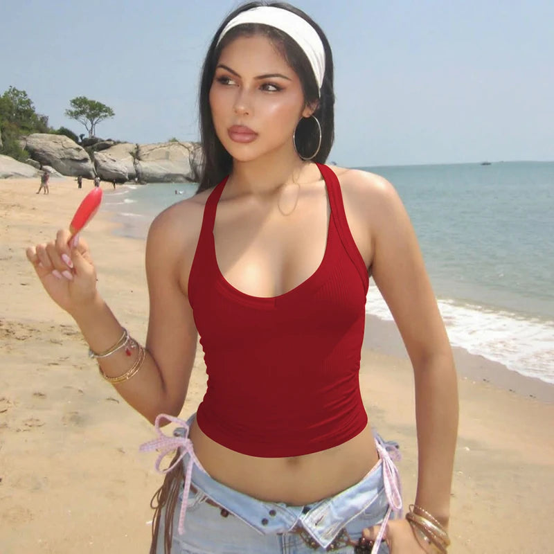 Women's Ribbed Polyester Blend Halter Crop Top with Open Back
