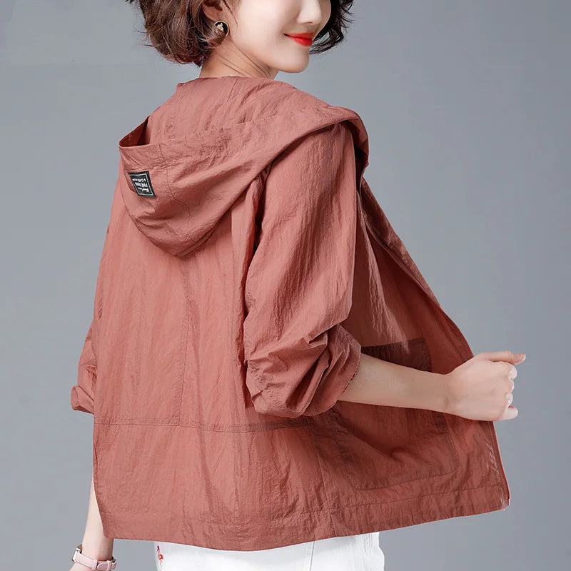 Hooded Short Sleeve Full Zip Casual Top for Layering