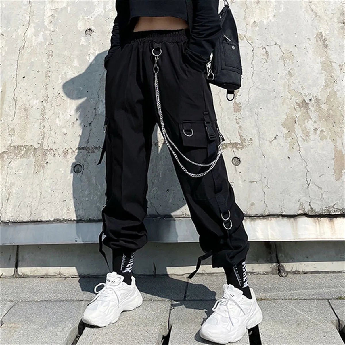 Women's Black Cargo Joggers with Chain Details and Multiple Pockets
