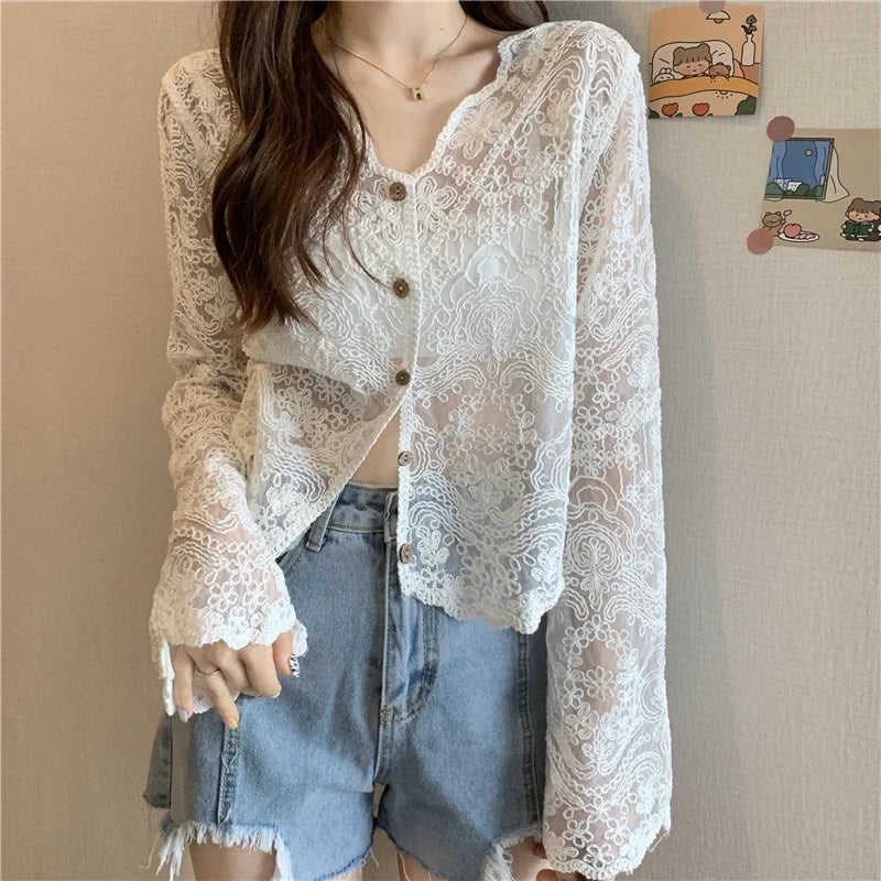 Women's Lace V Neck Long Sleeve Button Front Blouse