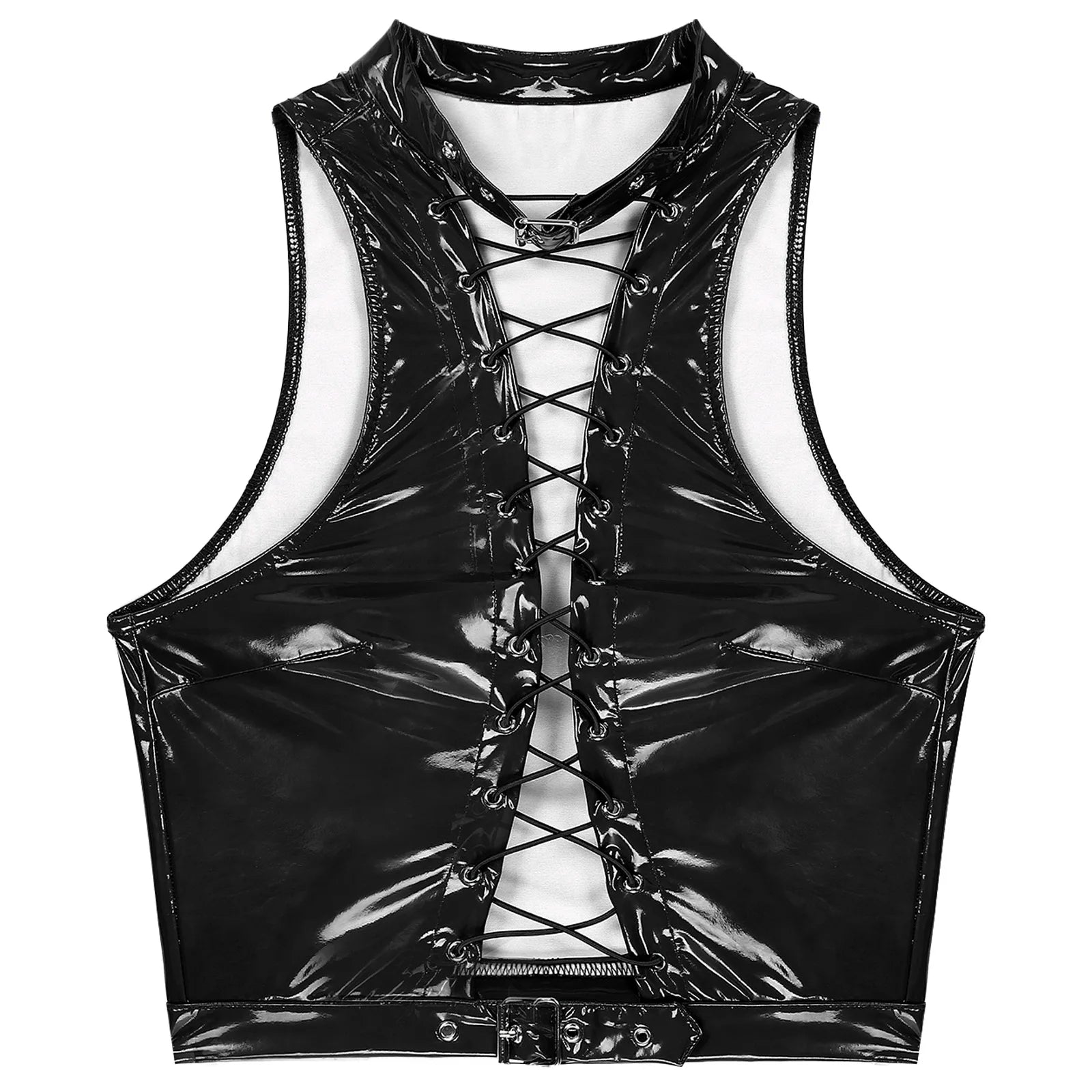 Women's High Neck Shiny Polyester Crop Top with Lace Up Front