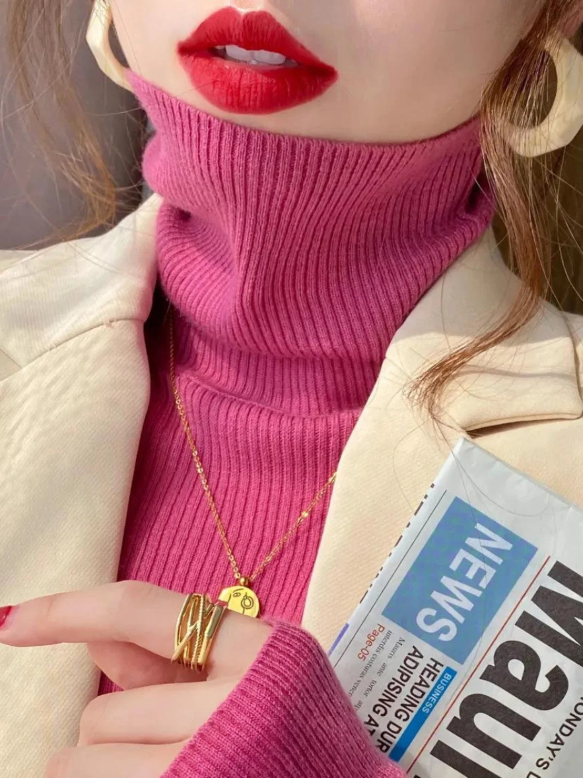 Women's Fitted Ribbed Roll Neck Sweater Casual Knit Layer