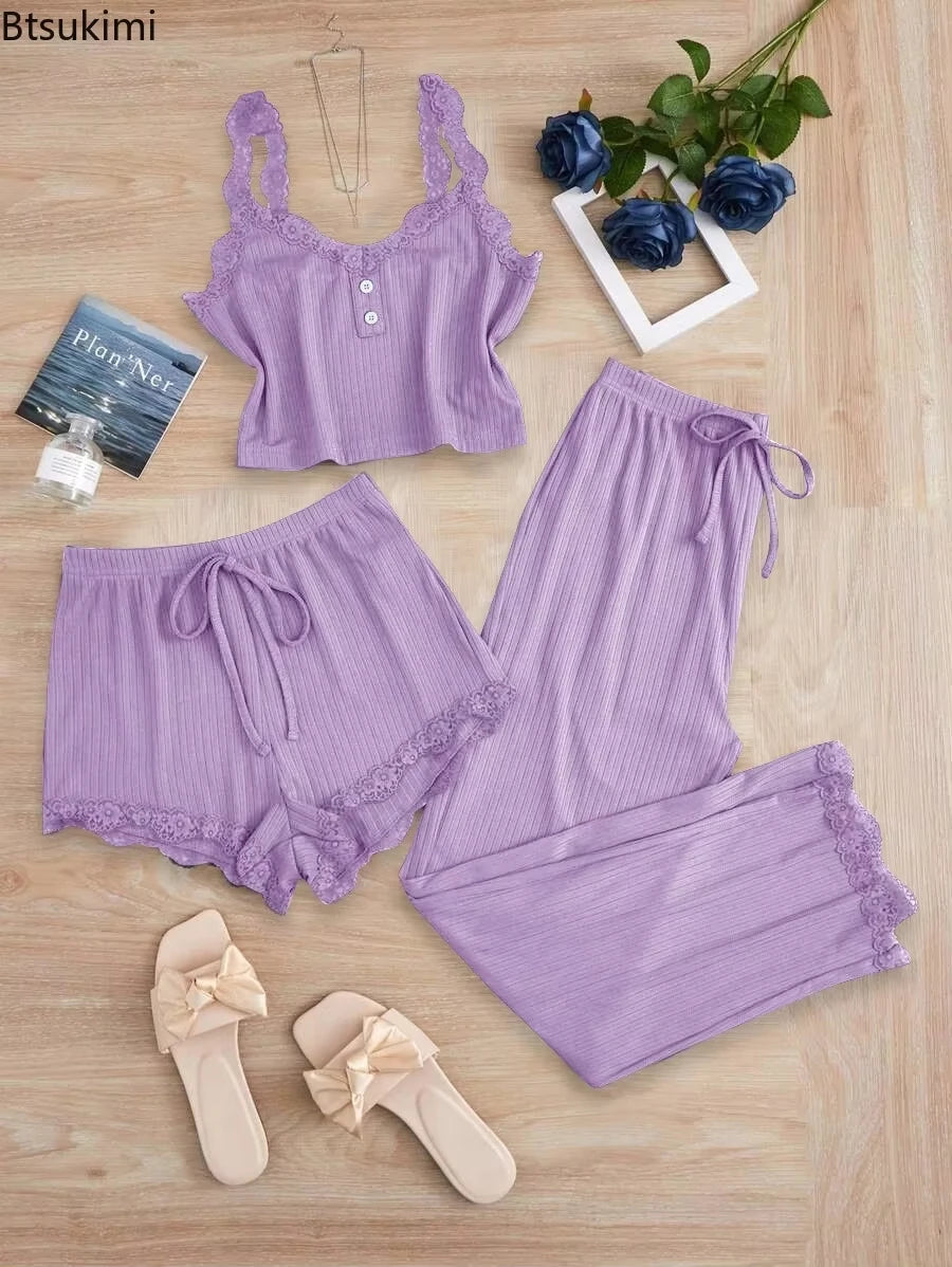 Women's Lace Trim Cami Three Piece Pajama Set with Shorts and Pants