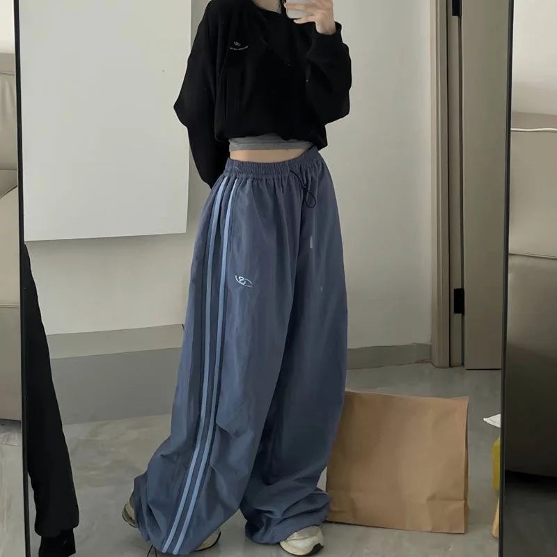Women's Wide Leg Drawstring Pants with Contrast Side Stripes