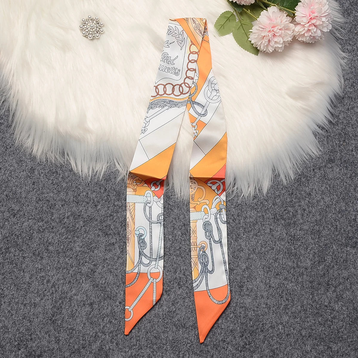 Horse Motif Skinny Ribbon Scarf with Printed Designs