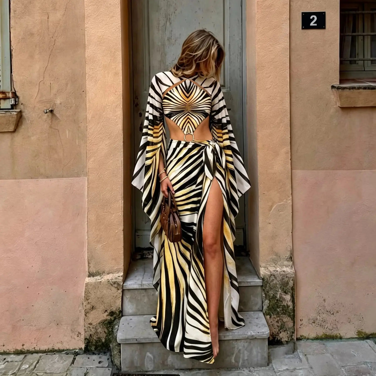 Printed Long Sleeve Swimsuit with Long Skirt