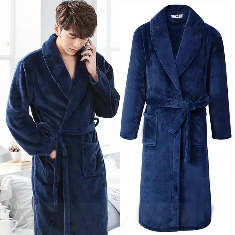 Men's Flannel Fleece Lapel Collar Tie Waist Bathrobe