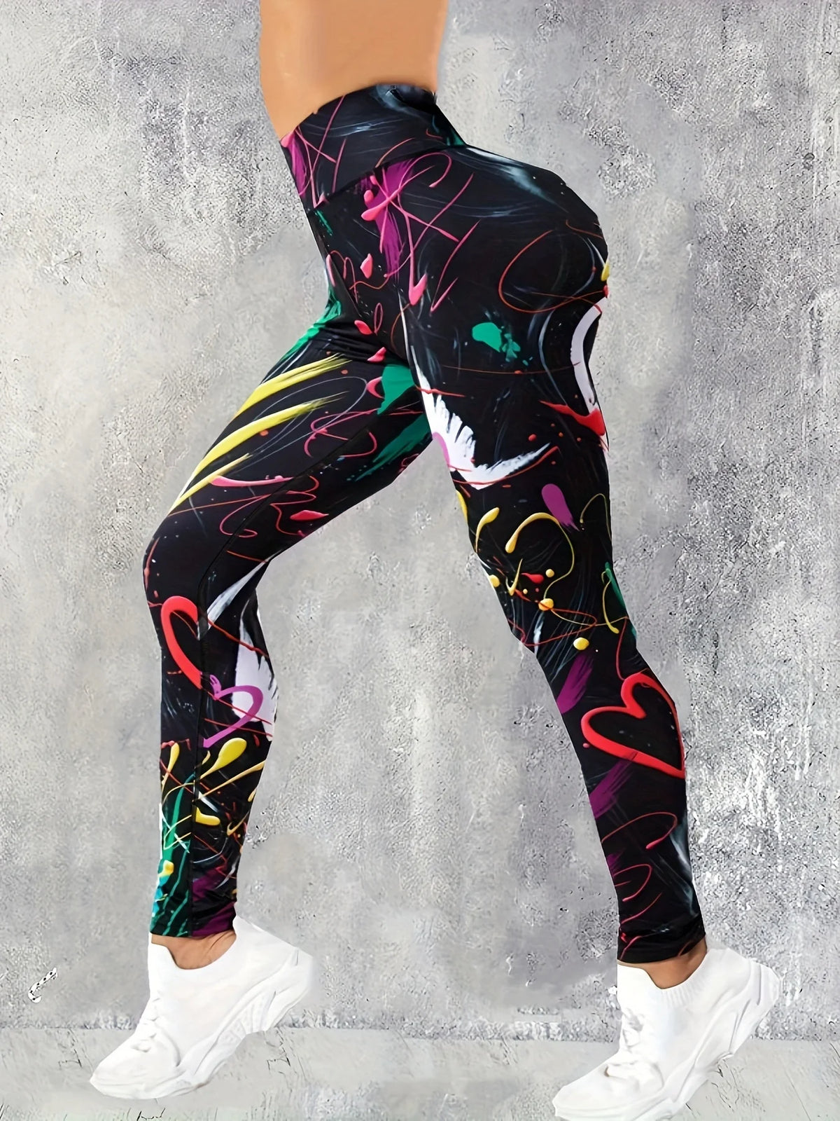 Women's Colourful Graffiti Heart Print Polyester Leggings with High Waist