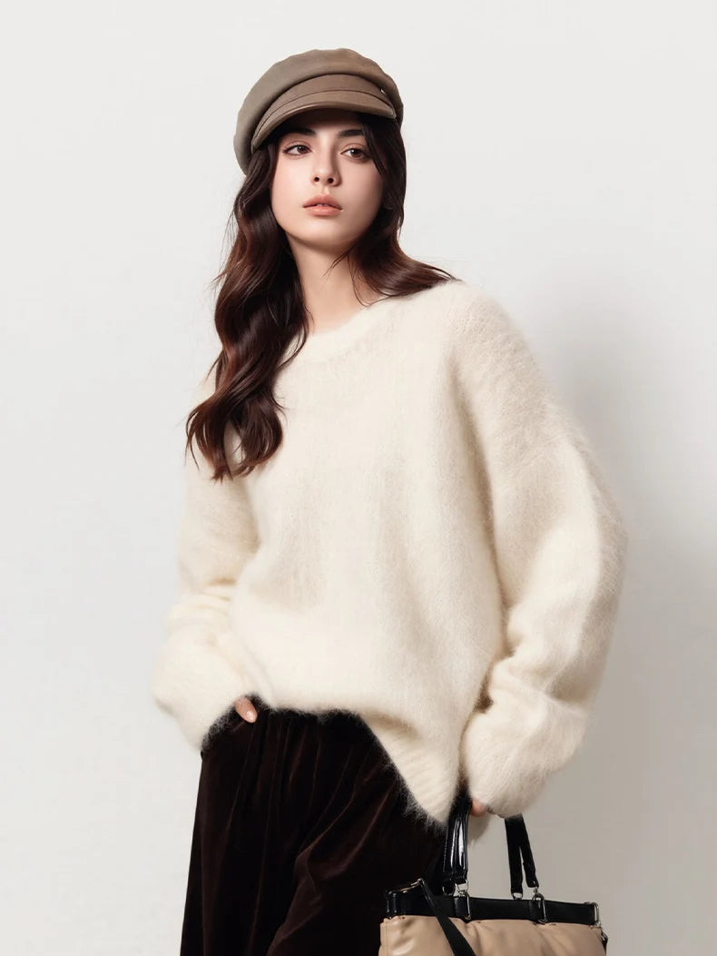 Women's Fluffy Crew Neck Long Sleeve Sweater Casual Knit Layer