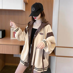 Fashion Hooded Sweatshirt for Women Thin Loose Stitching Single Breasted Hoodies with Pocket Female Baseball Cardigan Jacket