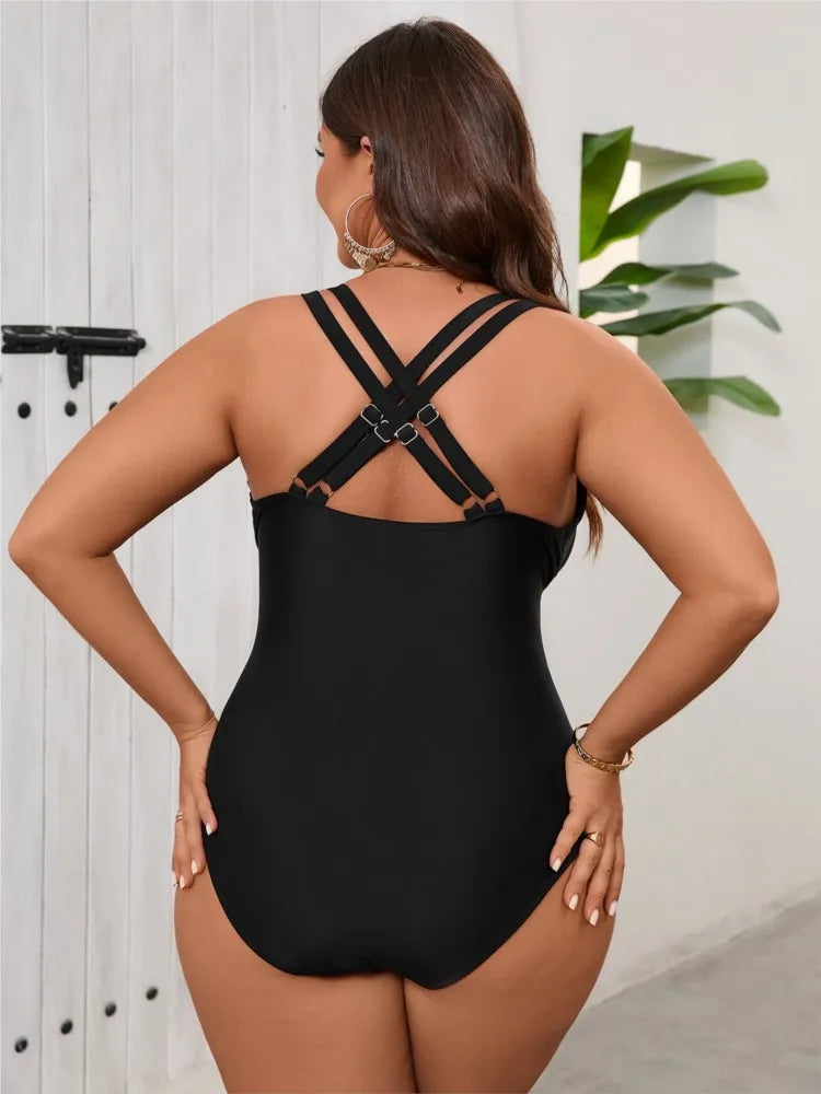 Women's Mesh Waist Strappy Plunge Neck One Piece Swimsuit