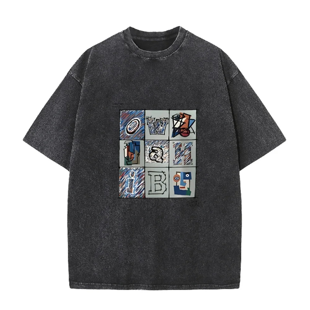 Retro Abstract Alphabet Art T Shirt Picasso Inspired Print Washed Casual Streetwear