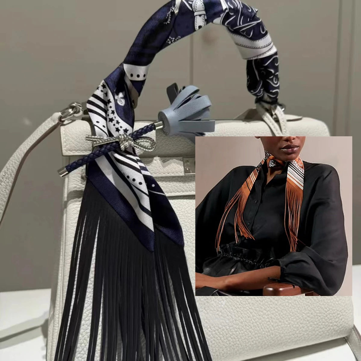 Printed Narrow Ribbon Scarf with Decorative Fringed Ends