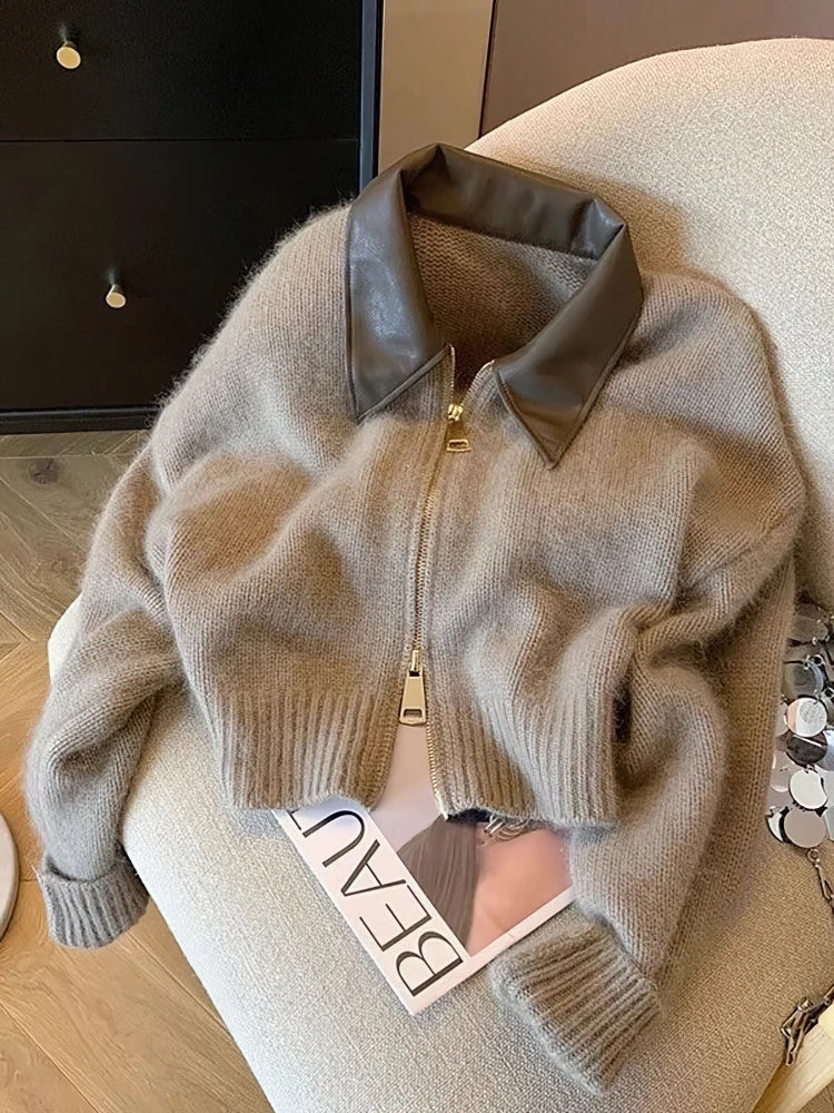 Women's Fluffy Turn Collar Zip Front Cardigan Casual Knit Layer