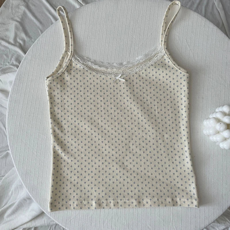 Women's Lace Trim Cotton Camisole with Bow Detail and Multiple Pattern Options
