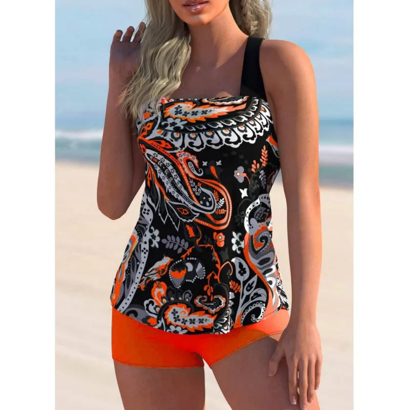 Women's Paisley Print Tankini Top and Contrasting Shorts Swim Set