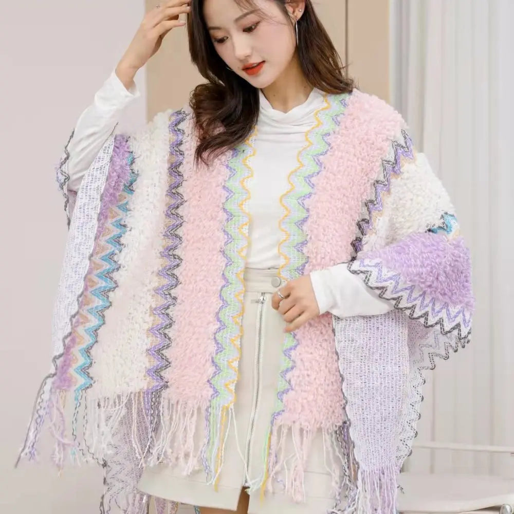 Zigzag Knit Fringe Poncho for Layering over Outfits