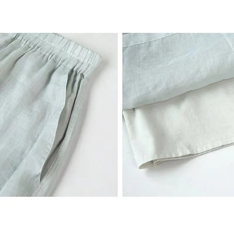 Women's Ramie Loose Straight-Leg Full-Length Pants with Elastic Waist and Side Pockets