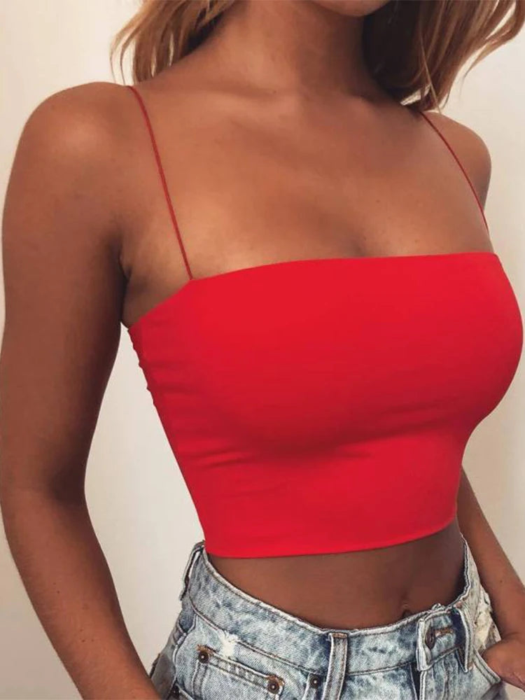 Women's Straight Neck Polyester Blend Crop Camisole with Thin Shoulder Straps