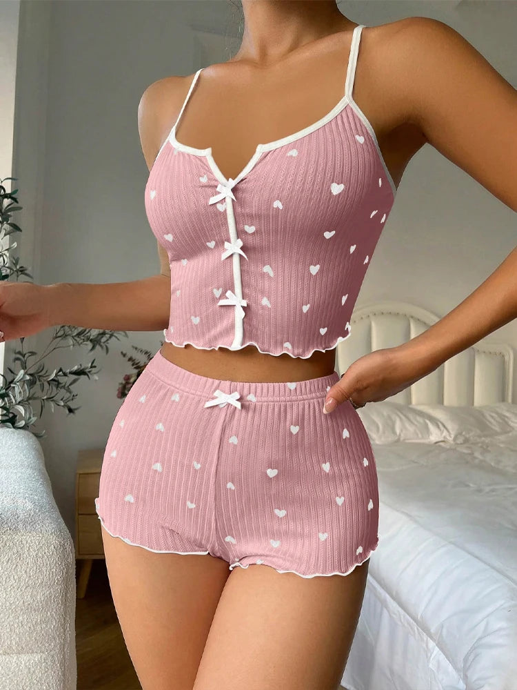Women’s Heart-Print Sleeveless Cami and Shorts Pajama Set with Bows