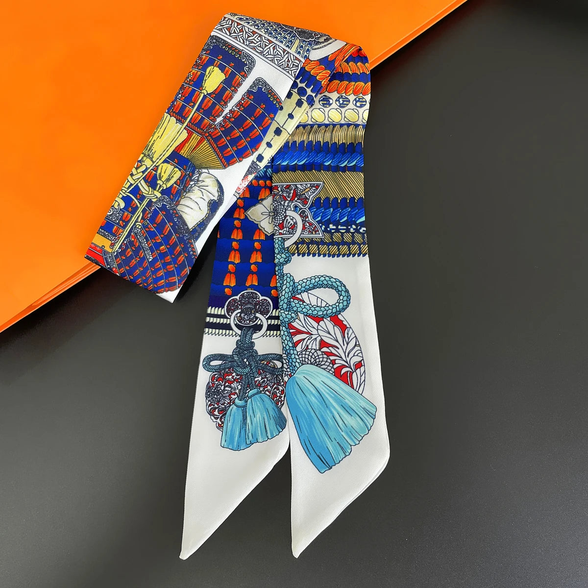Colorful Printed Skinny Ribbon Scarf with Tie Ends