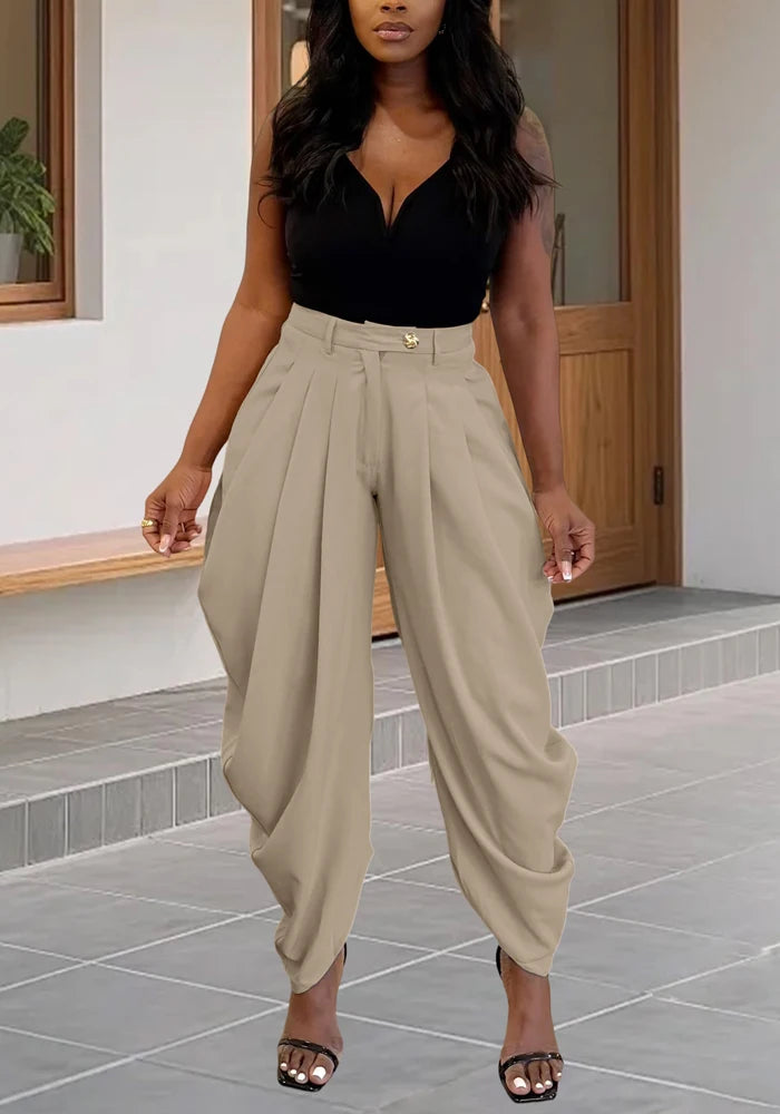 Women's Pleated Harem Pants with Tapered Legs and Waistband