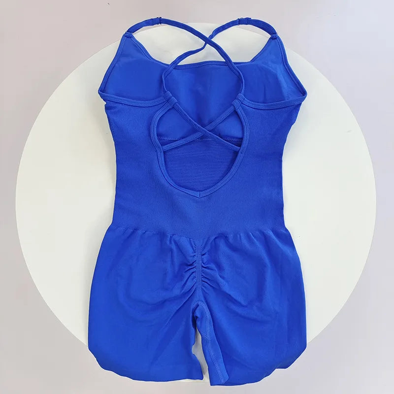 Women's Ribbed Nylon Blend Workout Romper with Lace Up Open Back