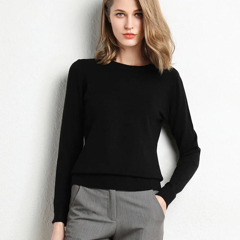 Women's Plain Crew Neck Long Sleeve Sweater Casual Knit Layer