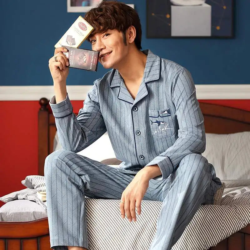 Men's Printed Button Front Long Sleeve Shirt and Pants Pajama Set