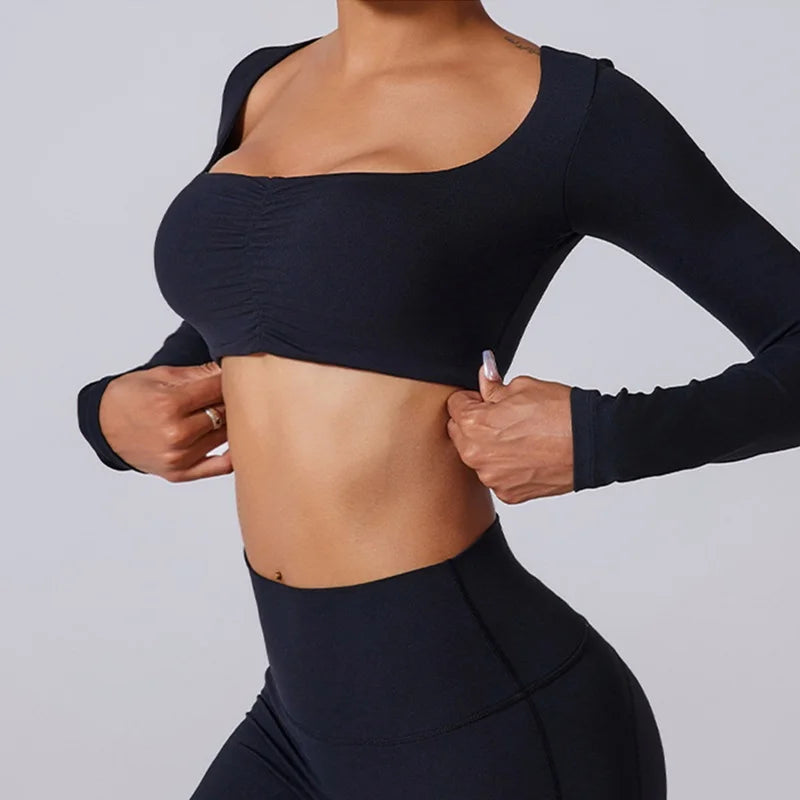 Women's Long-Sleeve Crop Top and Flared Pants Workout Set
