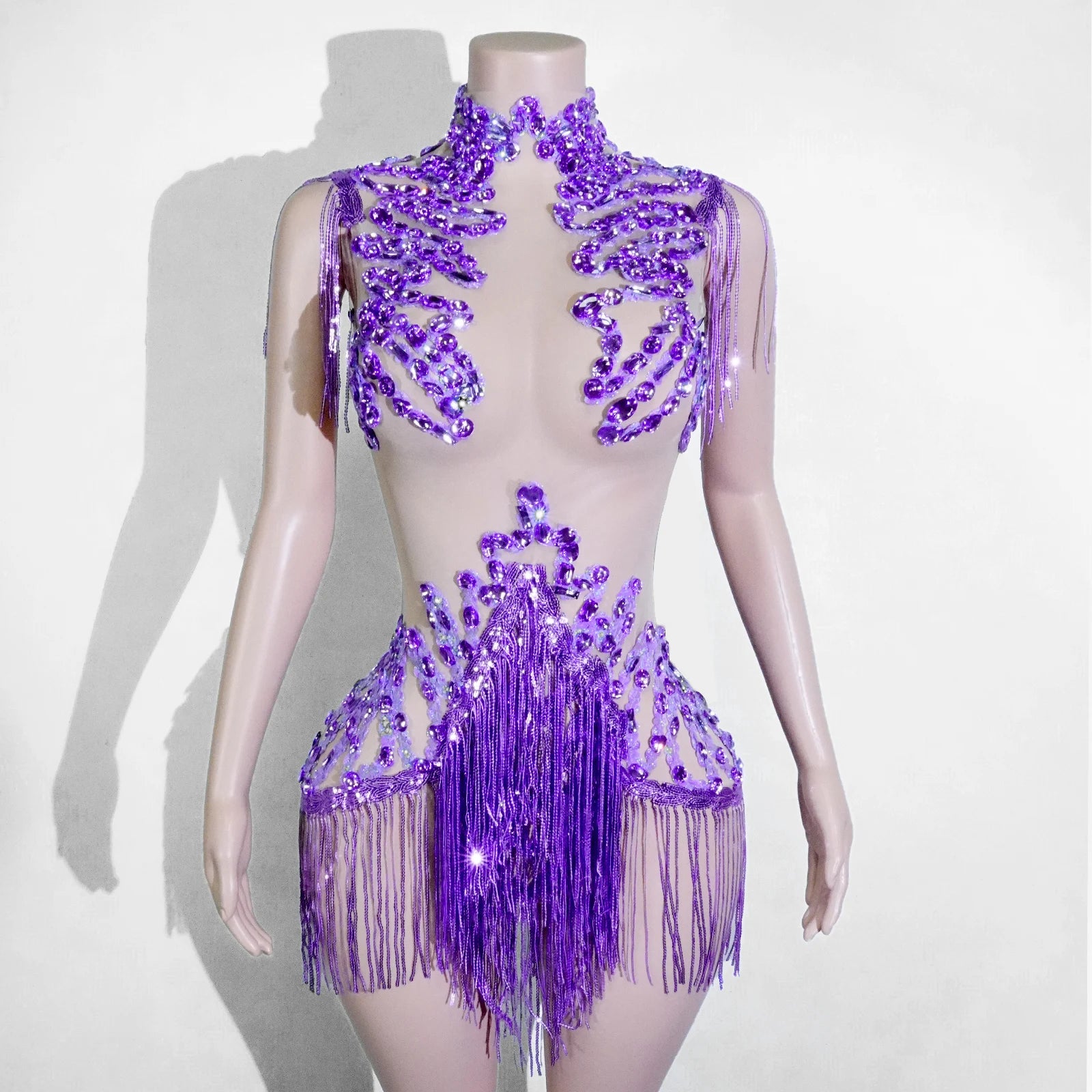 Women's Rhinestone Fringe Mesh Dance Bodysuit for Stage Costume Outfits