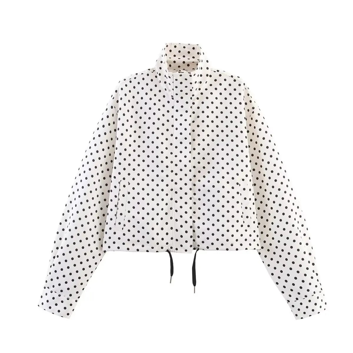 Women's Polyester Polka-Dot Long-Sleeve Zip-Front Collared Jacket with Pockets for Casual Outfits