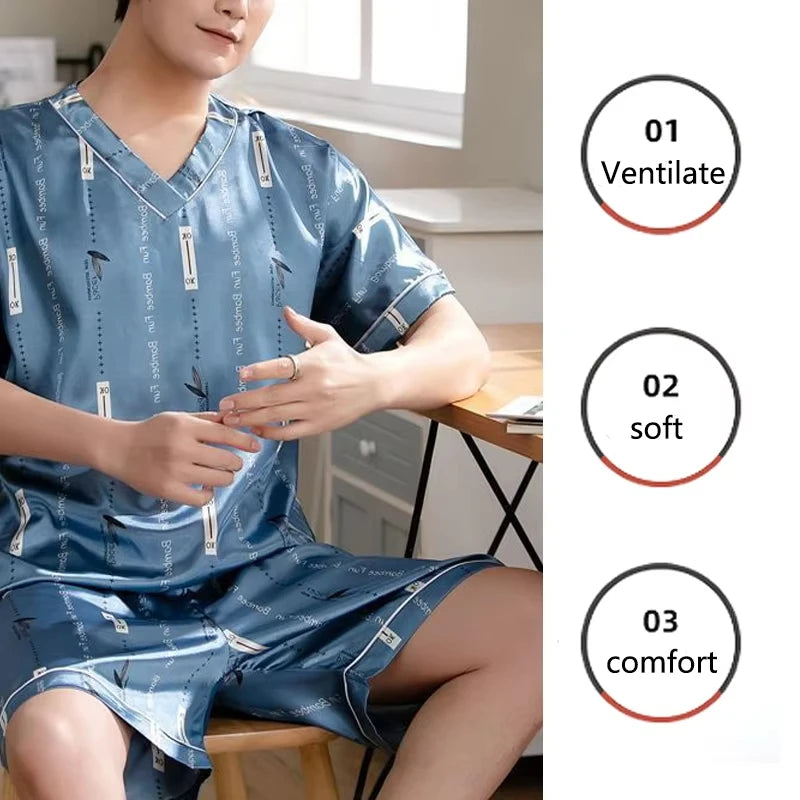 Men's Printed Short Sleeve Button Neck Top and Shorts Pajama Set