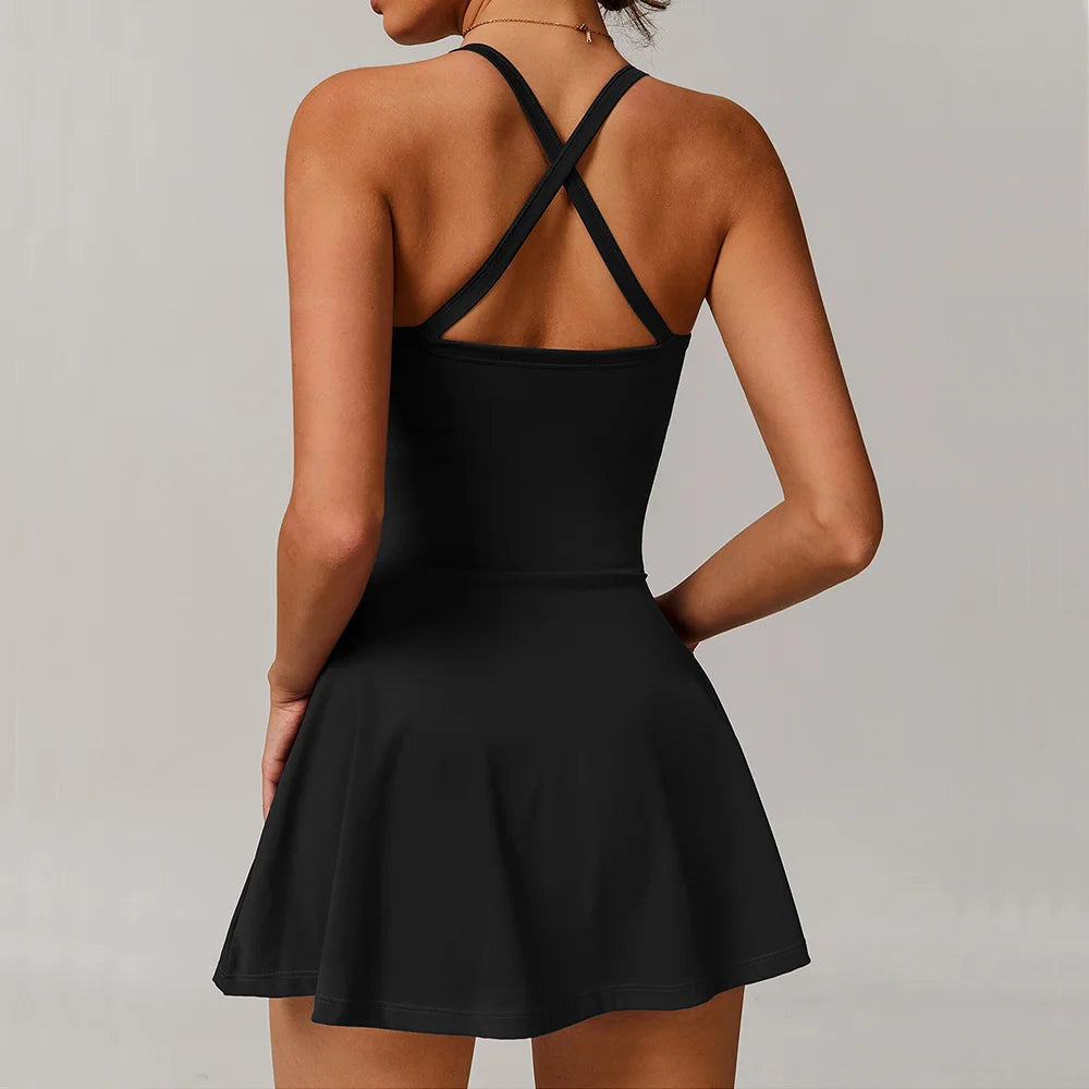 Women's Cross Back Nylon Blend Athletic Dress with Wrap Skirt Overlay