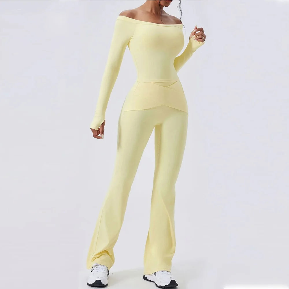 Women's Off-Shoulder Top and Flared Pants Workout Set