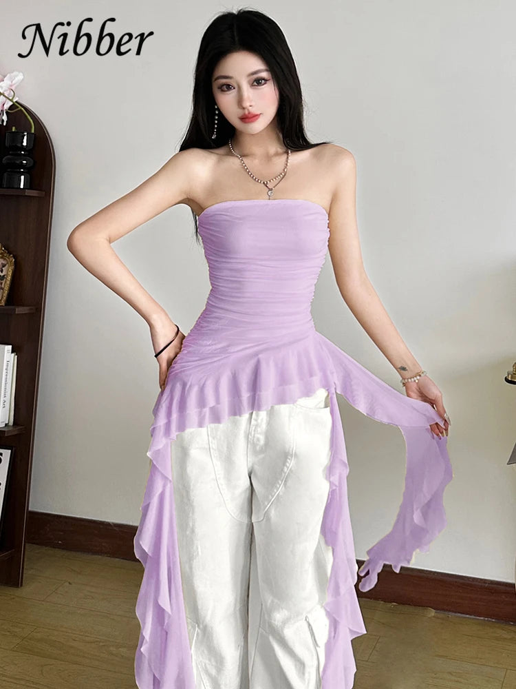 Women's Strapless Polyester Blend Ruched Top with Long Asymmetric Tassel Hem