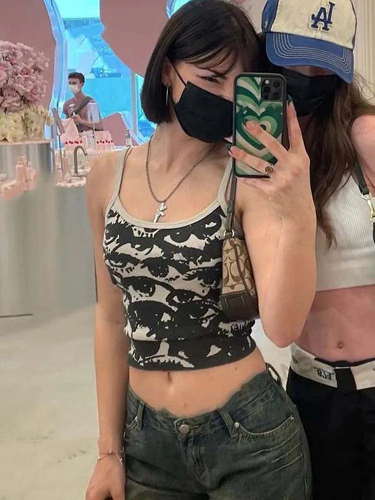 Women's Graphic Print Crop Top with Spaghetti Straps and Cropped Length