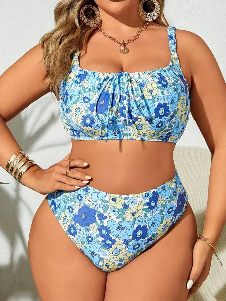 Women's Floral Print Ruched Top and High Waist Bikini Set
