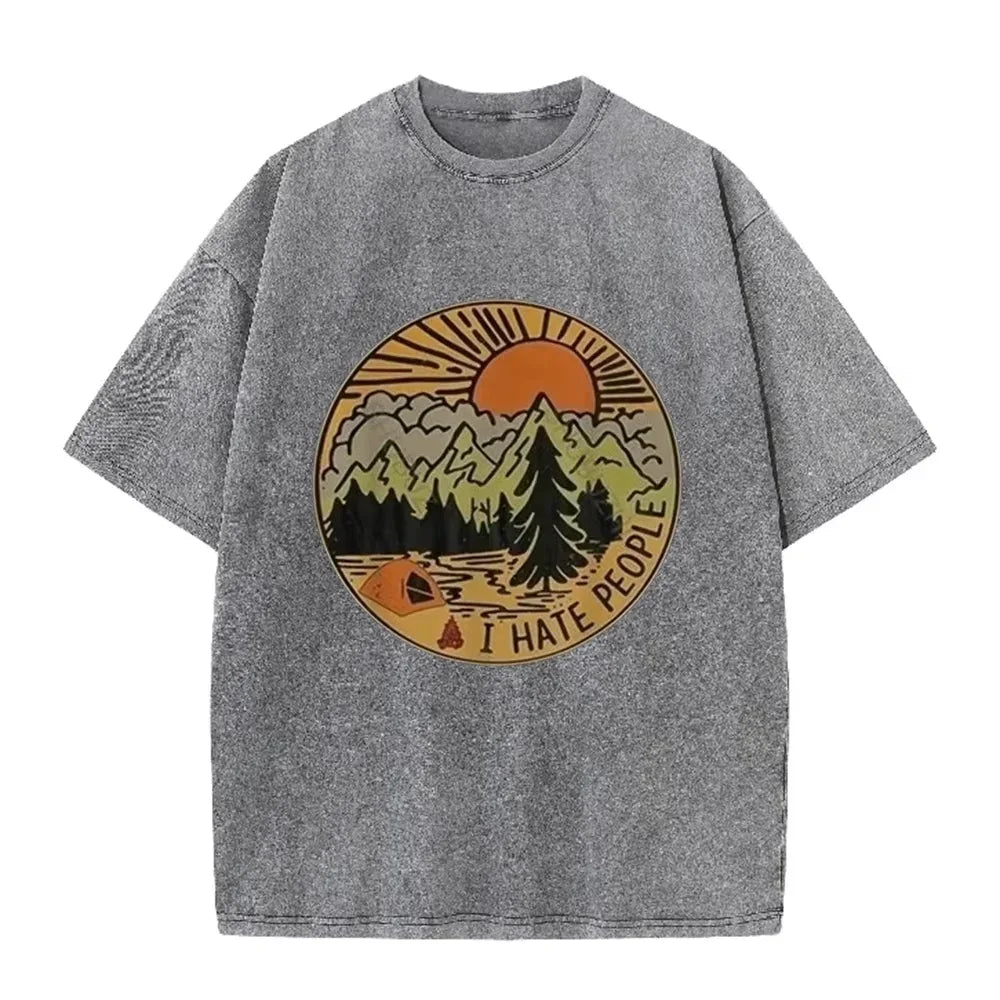 Vintage Camping I Hate People Print Washed Black Casual Outdoor T Shirt