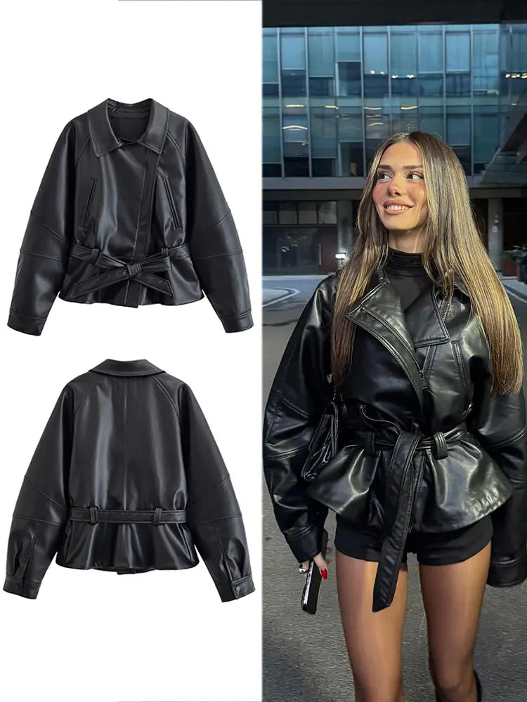 Women's Belted Faux Leather Lapel Jacket for Layered Outfits