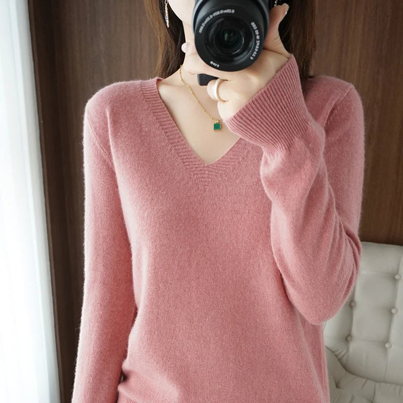 Women's V Neck Long Sleeve Sweater Casual Knit Layer