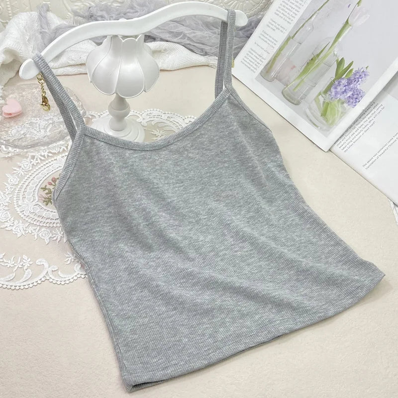 Women's Ribbed Crop Top with Spaghetti Shoulder Straps and Cropped Length