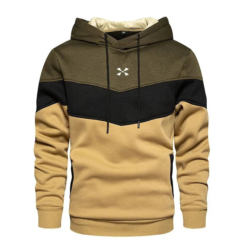 Men's Patchwork Long-Sleeve Fleece Pullover Hoodie