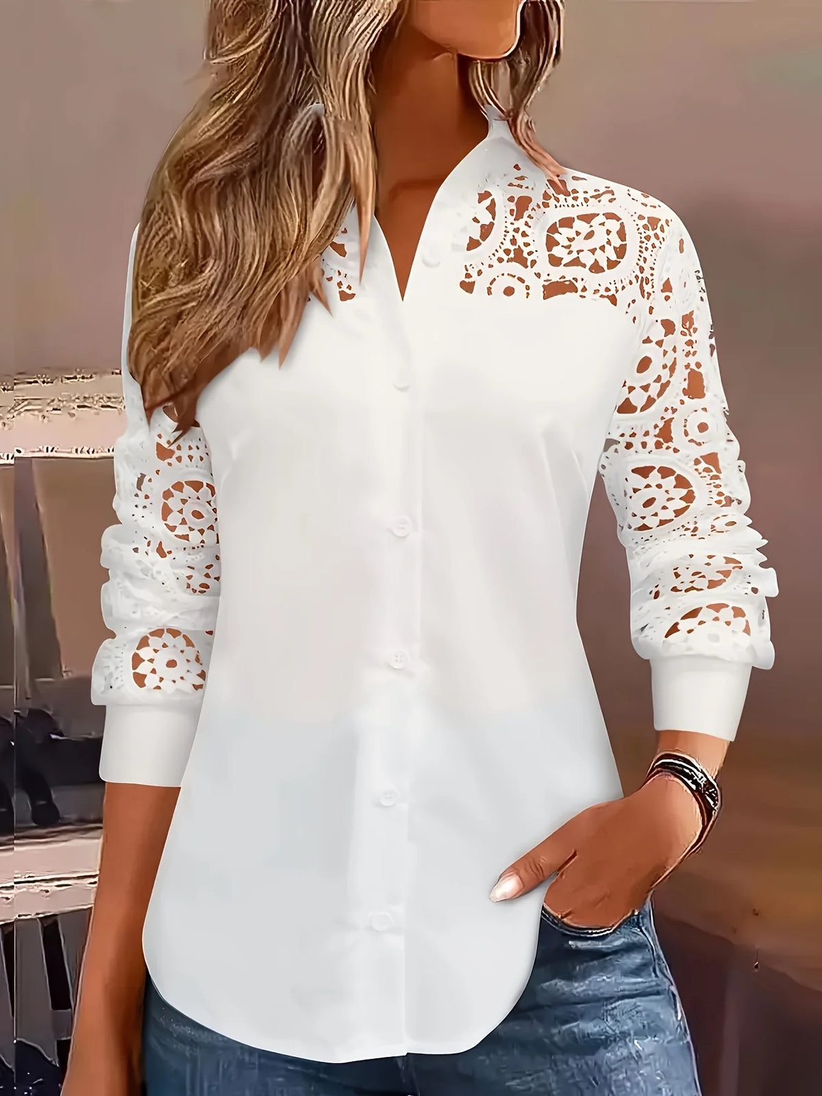 Women's Lace Sleeve Long Shirt with Front Buttons