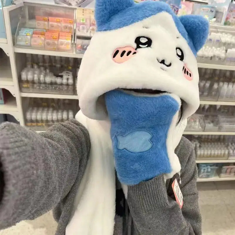 Chiikawa Plush Integrated Hat Scarf and Gloves Set with Usagi Styles