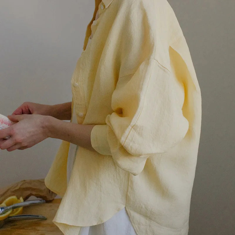 Women's Linen Long-Sleeve Button-Up Shirt with Loose Fit for Casual Everyday Outfits