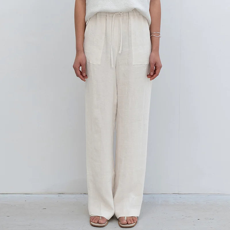 Women's Linen Loose Straight-Leg Full-Length Pants with Drawstring Waist and Side Pockets